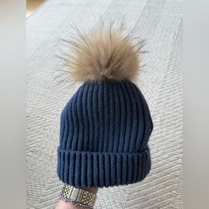 Linda Richards Blue Ribbed Winter Beanie Hat with Genuine Canadian Fur Pom Pom